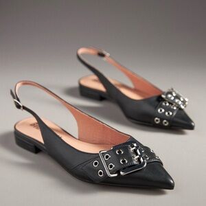 Anthropology Elegant Black Slingback Flats with Buckle Accent - 6.5 / 37